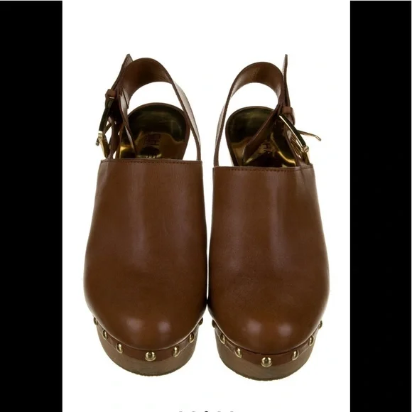 Michael Kors Brown Genuine Leather Wooden Slingback Clogs Size 8 - Picture 3 of 5